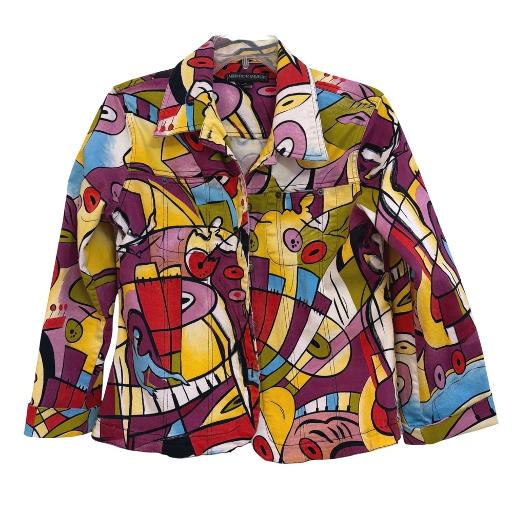 Vtg‎ 90's Mirror Image Surrealist Jacket  L Abstract Picasso Cubist Colorful EUC